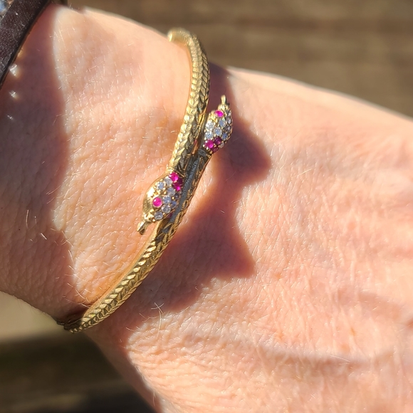 Topaz &Ruby Dual bronze Snake Adjustable .925 sterling Bracelet - Picture 11 of 12